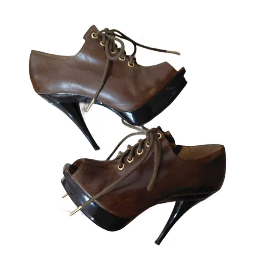 Michael Kors Tatum Brown Lace Up Oxford Peep Toe Platform Heels Size 4 M